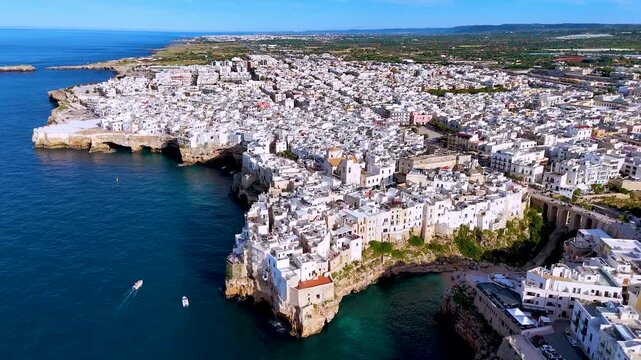 View of Polignano a Mare, a town in the Metropolitan City of Bari, Apulia, Italy, located on the Adriatic Sea