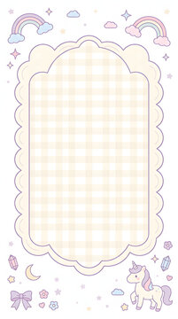 Cute pastel unicorn and rainbow frame with checkered pattern background for stationery design.