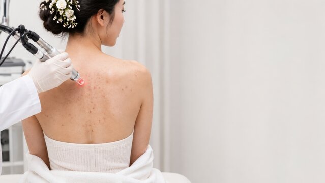 Woman undergoing laser treatment on back acne skin therapy by professional doctor