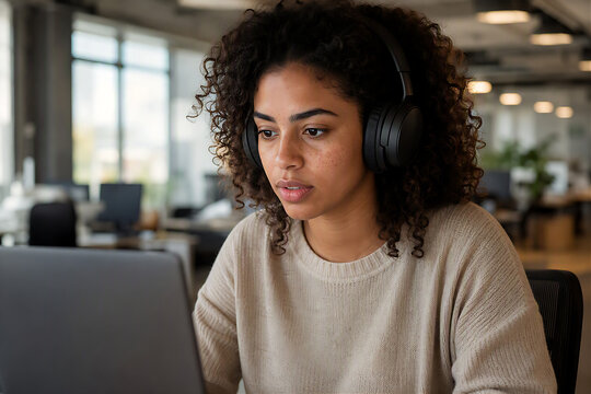 Young mixed-race woman wearing noise-canceling headphones working focused at laptop in open-plan office, neurodiversity workplace inclusion concept, deep concentration expression