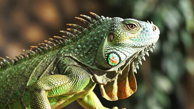 Green iguana lizard being touched by human finger