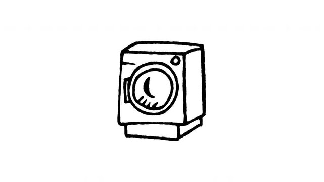 4K hand drawn front load washing machine icon featuring boiling line animation. Frame by frame line art on black and green screen backgrounds for washer appliance, laundry room, wash icon.