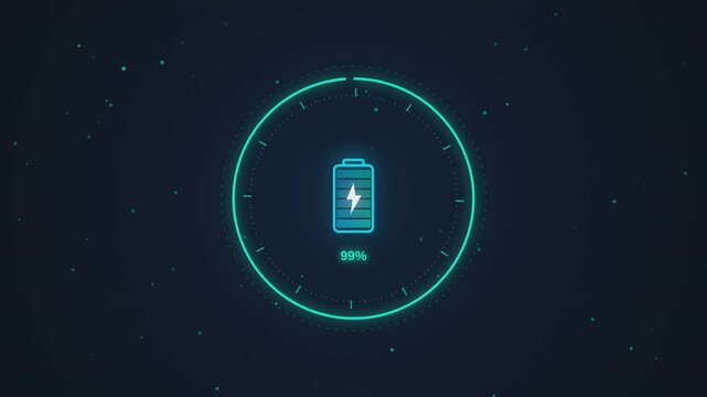 Glowing blue battery charging interface animation showing ninety nine percent progress in a dark digital space