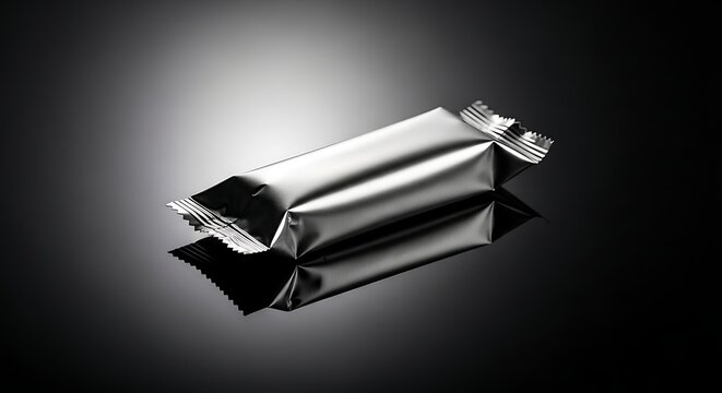 Premium Blank Silver Metallic Foil Snack Bar Wrapper Isolated On Dark Reflective Background For Professional Product Packaging Design Presentation