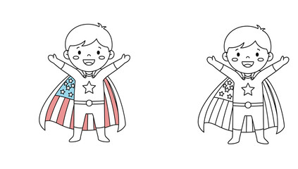 Cute superhero boy with American flag cape vector illustration, patriotic kids superhero outline character set for coloring book and 4th of July design