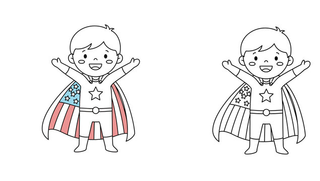 Cute superhero boy with American flag cape vector illustration, patriotic kids superhero outline character set for coloring book and 4th of July design