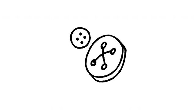 Animated doodle shirt buttons icon. 4K frame by frame line art on black and green screen chroma key background for clothing button, sewing fastener, garment notion, tailor craft video edits.