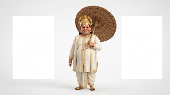 3D illustration of King Mahabali, the mythical Kerala ruler, wearing royal attire and holding a palm leaf umbrella, isolated on a white background with copy space for Onam festival designs.