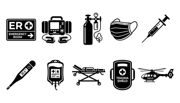 Emergency room healthcare icon set featuring ER sign, defibrillator, oxygen tank, mask, syringe, thermometer, blood bag, stretcher, and helicopter.