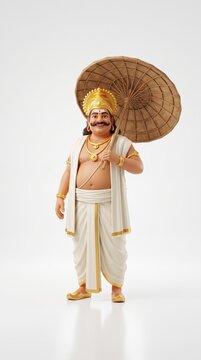 3D illustration of King Mahabali, the mythical Kerala ruler, wearing royal attire and holding a palm leaf umbrella, isolated on a white background with copy space for Onam festival designs.