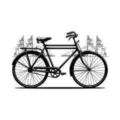 Fototapeta premium Vintage Bicycle with Traditional Temple Skyline