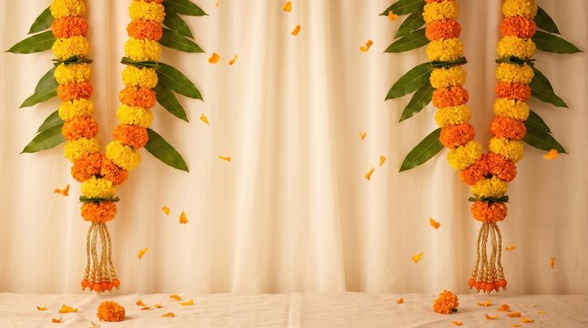 Beige background with a floral Indian toran garland made of marigold flowers and mango leaves. Ornamentation for Hindu festivities. Banner for Ugadi, Gudi Padva, Hindu New Year, Diwali, Onam, Pongal f