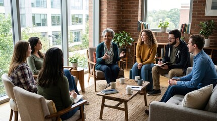 Obraz premium business people having a meeting in a cozy office setting with a diverse group discussing ideas, featuring partners and an architect in a collaborative environment