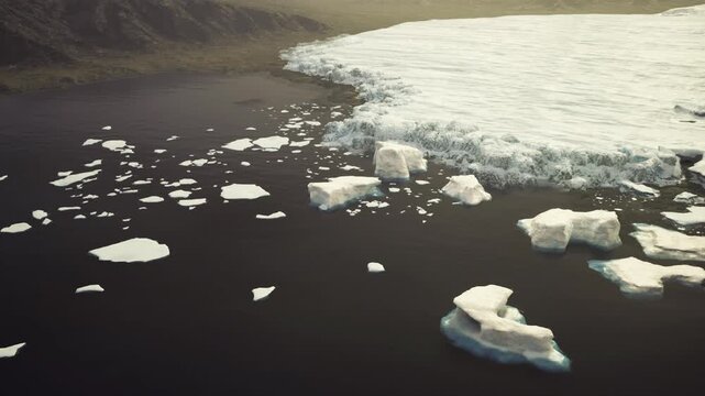 Antarctica glacier edge with calving front, fractured ice tongues meeting dark sea, turbulent meltwater, dynamic textures, suited for climate impact