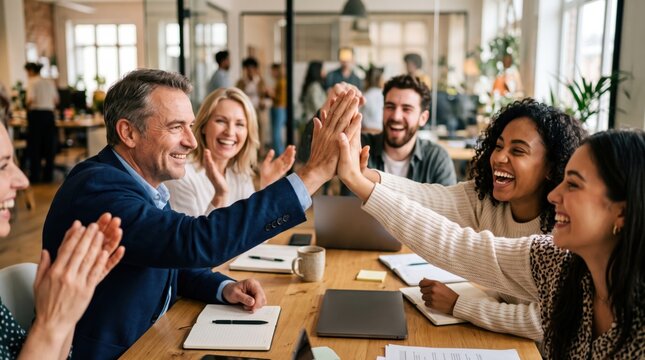 business people in a lively office meeting, smiling and high-fiving as they discuss projects with partners and colleagues