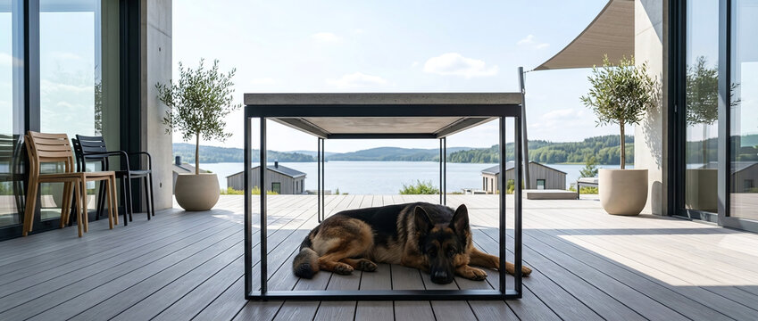 Purebred German Shepherd dog hiding and resting underneath a white wooden bed frame in a bright minimalist bedroom interior space
