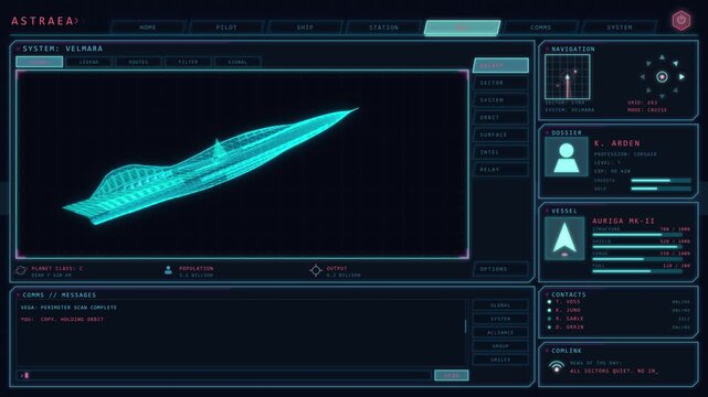 Sci-Fi Spaceship HUD Interface with Rotating 3D Wireframe Vessel