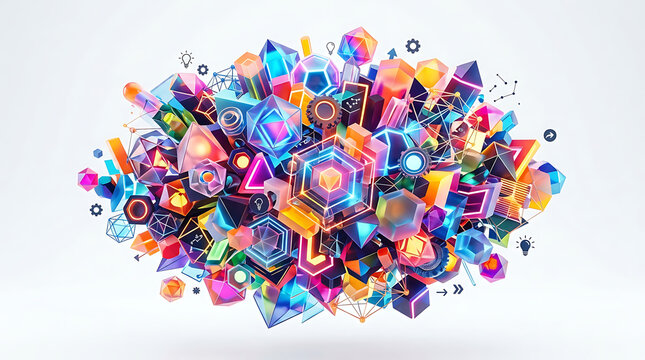A Vibrant Collection of Interconnected Geometric Shapes and Crystals Glowing with Digital Energy