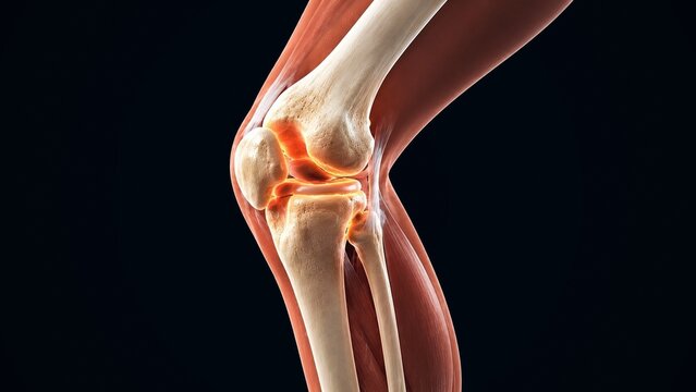 Detailed 3D Anatomy of Human Leg Showing Glowing Pain and Cartilage Damage in Knee Joint, Medical Science Concept
