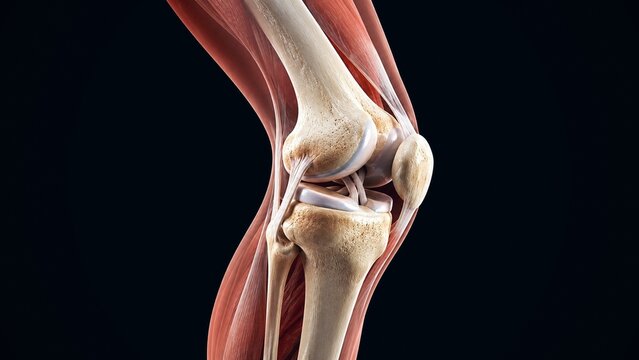 3D Medical Illustration of Human Knee Anatomy with Bone Structure, Ligaments, and Muscles on Pure Black Background
