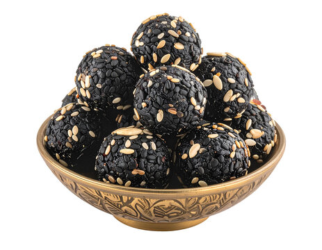 Til gul laddu, black sesame seeds balls sweet isolated on transparent png