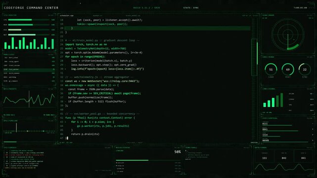 Futuristic Green Code Terminal Interface with Live Telemetry