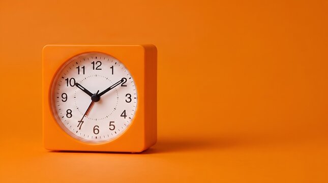 Clean orange analog alarm clock on an orange background. Minimalist studio composition representing time, productivity, organization, and punctuality