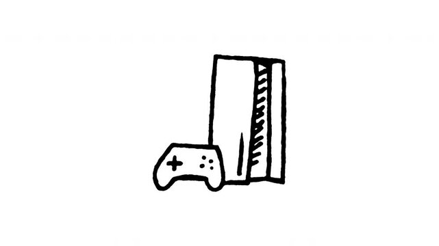 Hand drawn 4K game console and controller doodle animation with boiling line motion. Frame by frame outline on black and green screen backgrounds, perfect for video game hardware, gamepad.