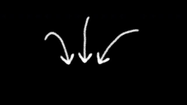 Arrow Animation on a Transparent Background, White Chalk Style Hand-Drawn Pointer with Smooth Organic Motion. Alpha Channel.