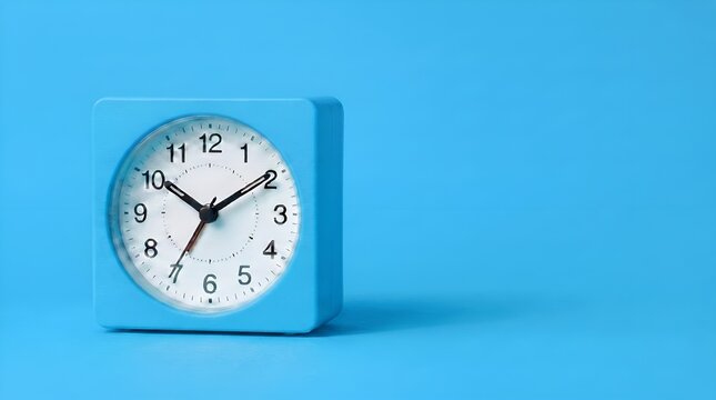Clean sky blue analog alarm clock on a sky blue background. Minimalist studio composition representing time, productivity, organization, and punctuality