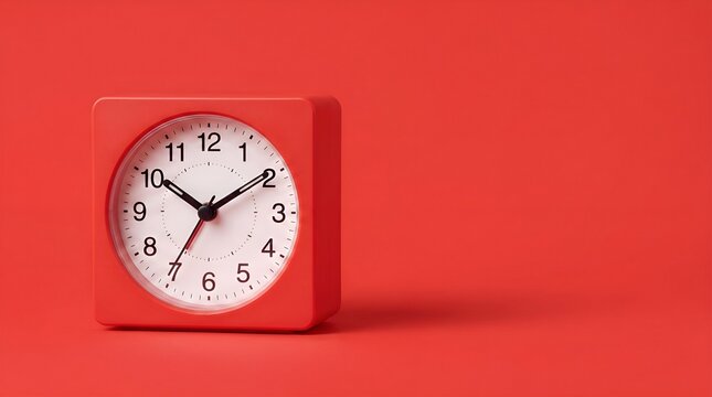 Clean red analog alarm clock on a red background. Minimalist studio composition representing time, productivity, organization, and punctuality