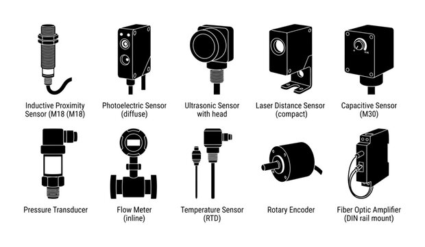 Industrial Sensor Collection Set Featuring Proximity Photoelectric Ultrasonic Laser Capacitive Pressure Flow Temperature Sensors and Rotary Encoders