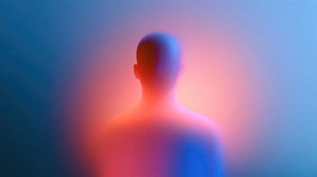 Growth concept with blurred human silhouette in vibrant red and blue neon light representing continuous learning and self improvement