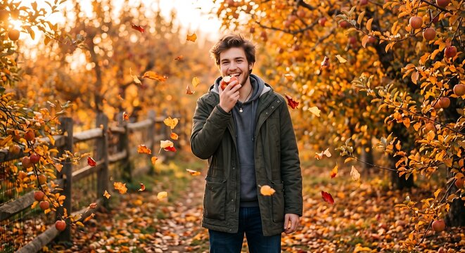 Young man eating apple in autumn orchard. Happy guy enjoying fresh fruit during fall harvest season. Golden sunlight and falling leaves in nature. Seasonal lifestyle and healthy food.
