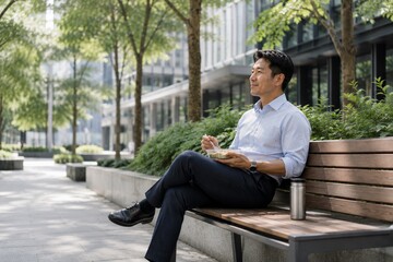 Fototapeta premium Asian businessman enjoying healthy lunch break outdoors near modern office