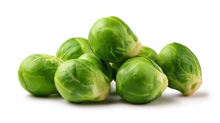Fototapeta premium A cluster of fresh, vibrant Brussels sprouts arranged on a white background, showcasing their texture