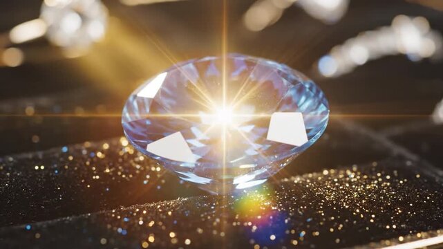 Sparkling blue gemstone with golden light flash and crystal refraction on elegant jewelry display
