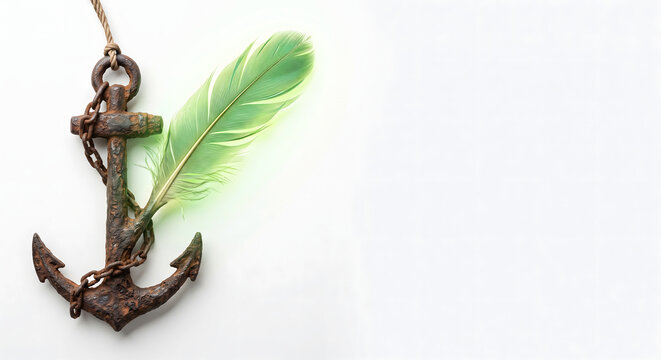 Conceptual studio shot of a rusty metal anchor with a chain and a light green feather on a white background representing heavy and light