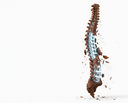 Rusty decaying human spine breaking away to reveal a glowing metallic bionic vertebral column