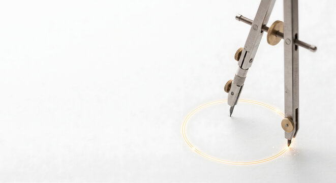 Metal drafting compass drawing a glowing golden circle on white paper background representing precision design and creative planning