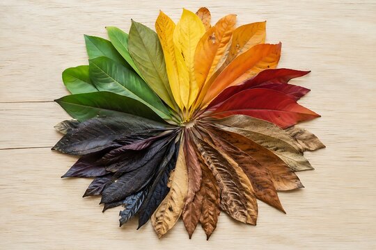 Colorful leaves arranged in a circle on wood