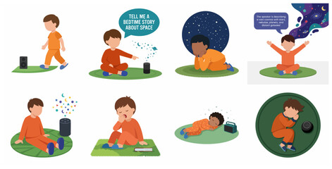 Illustration set of a young boy listening to bedtime stories about space from a smart speaker, imagining the cosmos and falling asleep.