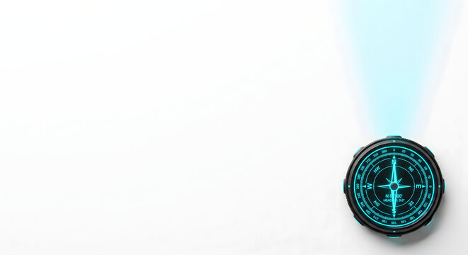 Futuristic digital compass glowing with neon blue light on a clean white background representing strategic direction and future guidance