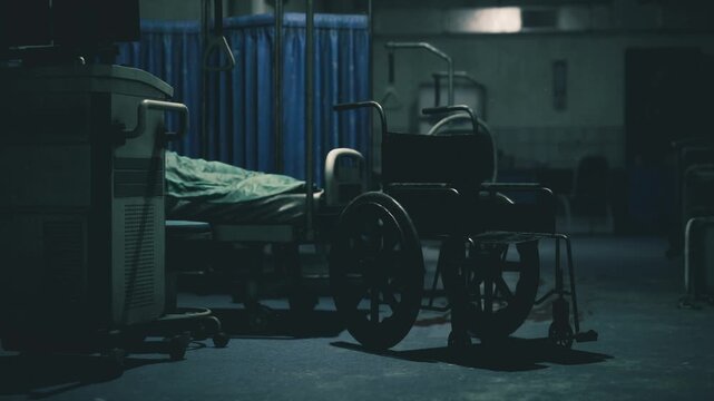 Close view of wheelchair next to empty bed and blue divider curtain, lowkey lighting emphasizes wheel spokes, worn linoleum floor and parked medical trolley