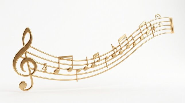 Golden musical notes on wavy staff, elegant 3d music notation, luxury metallic treble clef and melody on white background