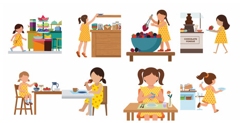 Fototapeta premium Little girl character set enjoying healthy fruit, chocolate fondue, and dining activities at a breakfast buffet, flat vector illustration.
