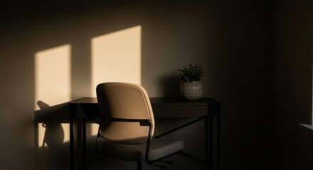 Fototapeta premium Soft Morning Sunlight Illuminates an Empty Desk and Chair