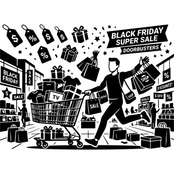 Black Friday Super Sale vector illustration, man running with full shopping cart, retail store doorbusters promotion