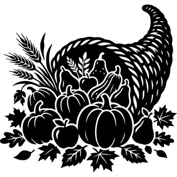 Thanksgiving cornucopia vector, autumn harvest horn of plenty with pumpkins and fruit, black and white fall seasonal illustration