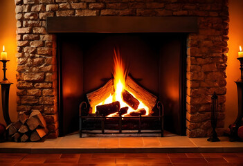 Fototapeta premium Cozy fireplace with burning logs and warm candlelight, creating a relaxing and inviting atmosphere for home comfort